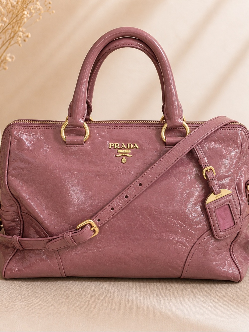 Prada Vitello Shine Leather Satchel Antique Pink Shoulder Handbag - Picture 6 of 15